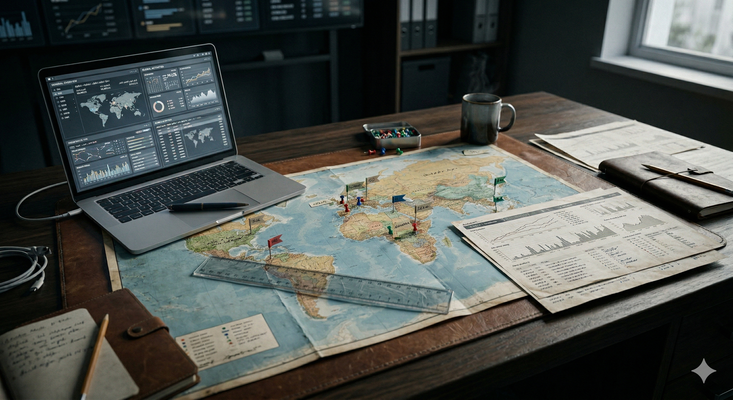 Global policy monitoring workflow with mapped regional priorities and timeline notes.