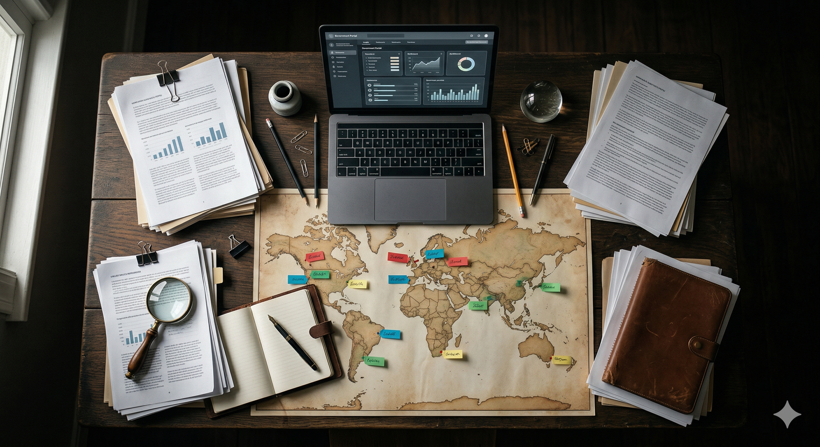Analyst organizing global policy updates by region and operational impact.